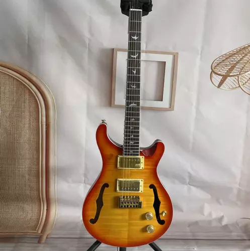 Electric Guitar Semi Hollow Body Cherry Sunburst Flamed Maple Top Bird Inlay