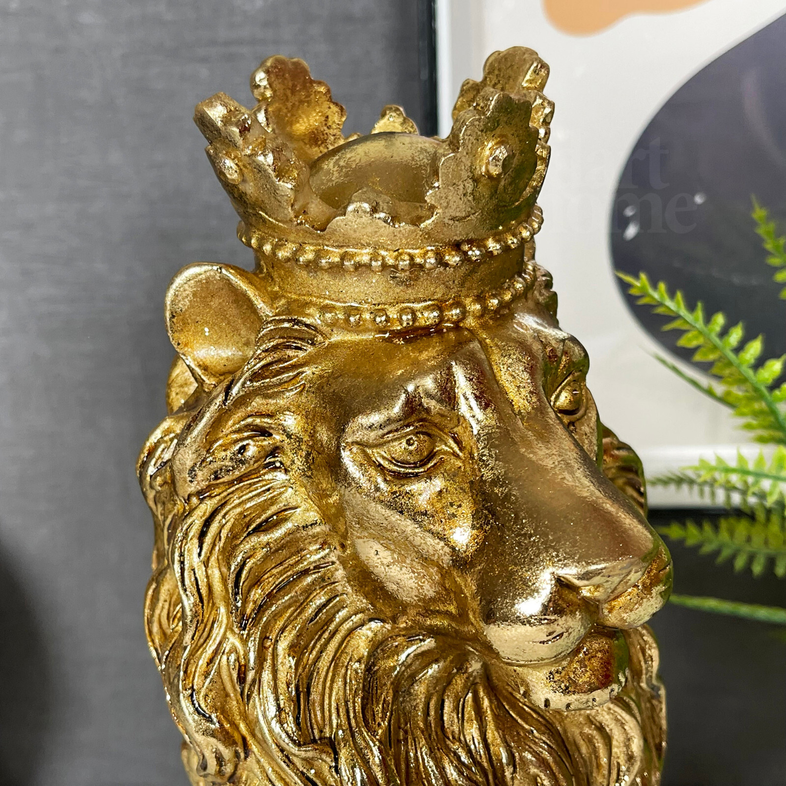Gold Royal Lion Statue Crowned Sitting Big Cat Ornament Home Sculpture