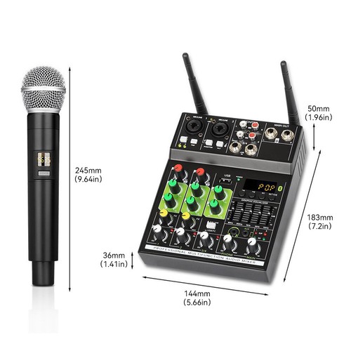 4 Channel USB Audio Mixer Bluetooth with 2x Wireless Microphone for DJ Karaoke - Picture 11 of 20