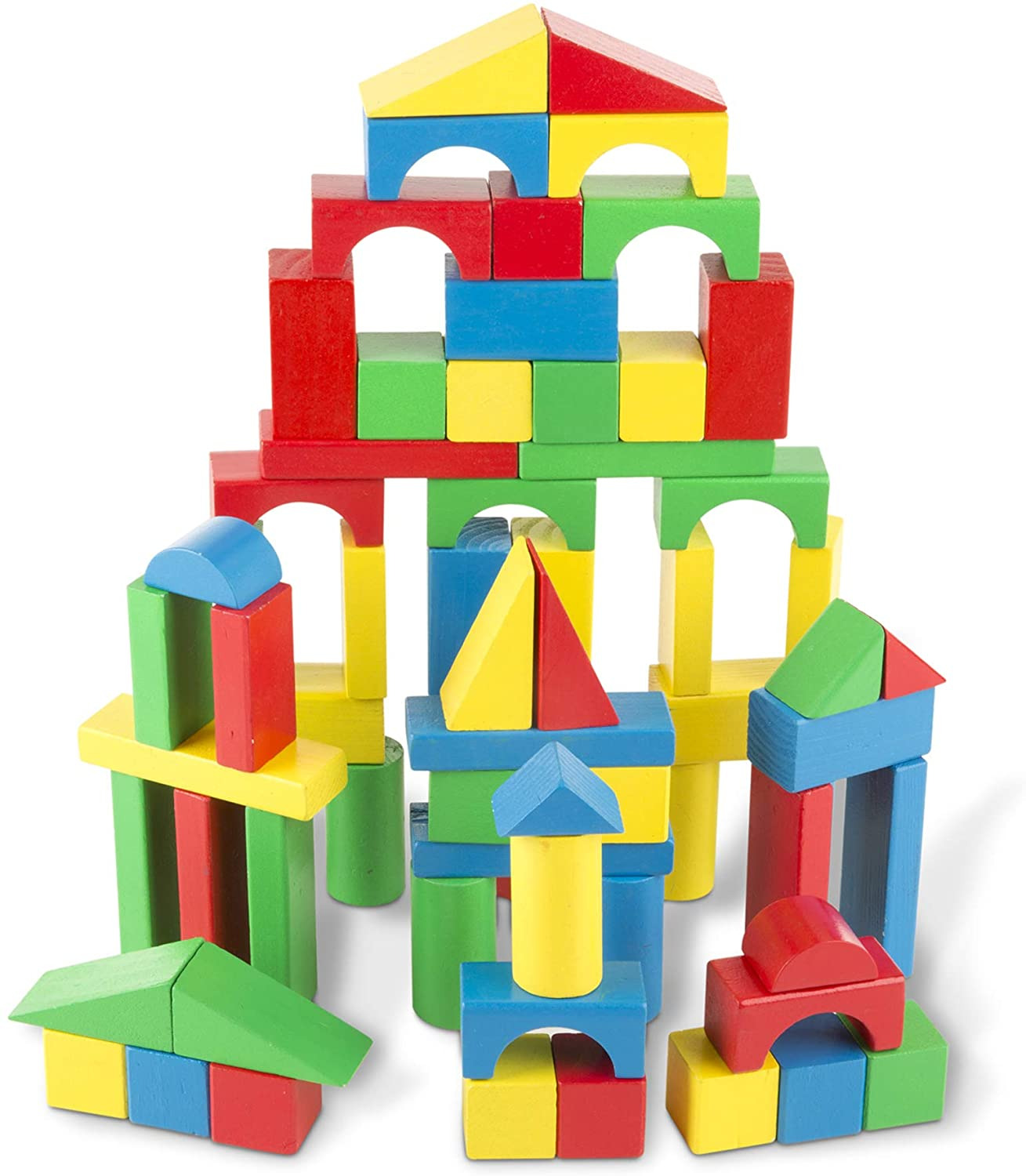 Melissa & Doug Wooden Building Blocks Set - 100 Blocks in 4 Colors and 9 Shapes