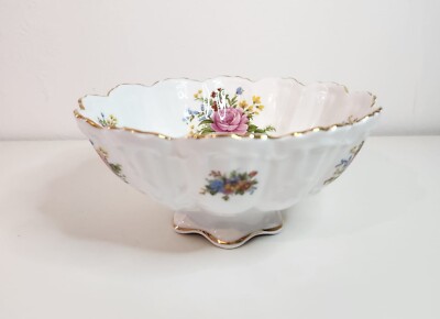 Vintage Fußschale - geprägte Struktur, Goldrand, Blumenbluster, rosa...
