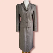 Vintage 1950s Tailored by Handmacher Wool Skirt Suit Set Size 12 Gray Plaid USA