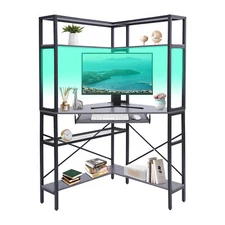 Triangular Computer Desk W/ Led Lights and Power Outlet, Home Office Corner Desk