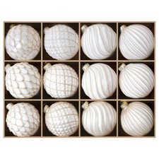 Christmas Ball Ornaments Set of 12   3.14  White  Gold Vintage Glass Ornamen...