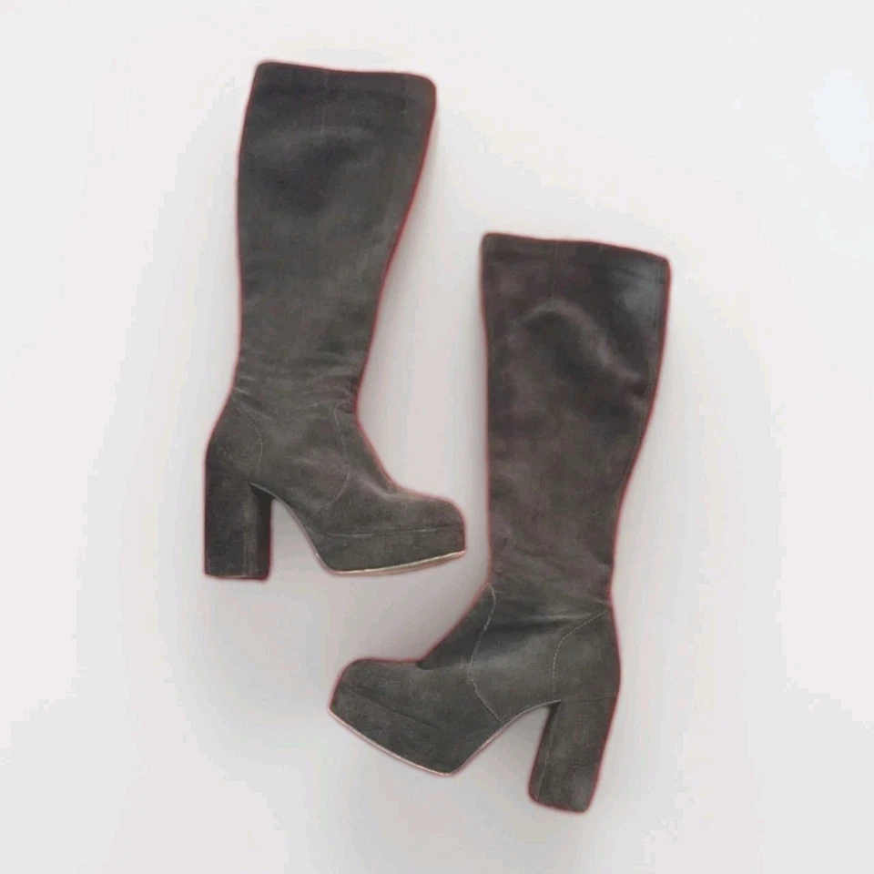 Botas hasta la rodilla plataforma gamuza marrón vintage años 90. Talla 7AU 38EU 5UK 70s Glam Rock. Foto 4 de 4