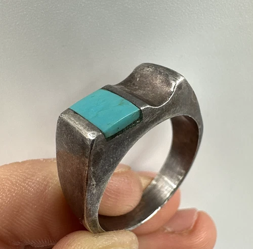 Vtg 925 Sterling Silver 15.31g Turquoise Modernist Taxco Men's Ring Sz 13 Heavy