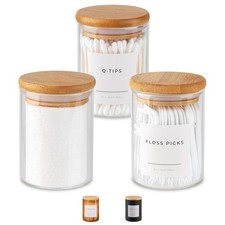 Mini Glass Apothecary Jars Bamboo Lids Bathroom Kitchen Storage 10 oz Set of 3