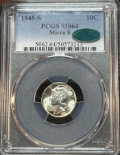1945-S MS64 Micro S CAC PCGS Toned Mercury Dime PQ Nice Color