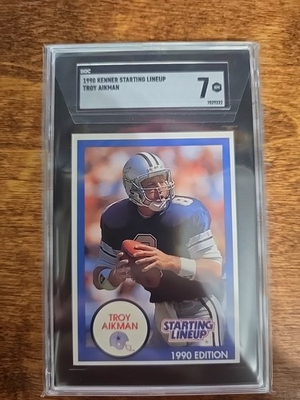 #ad 1990 Kenner Starting Lineup Troy Aikman Blue SGC 7 Fresh Grade $22.50