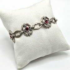 VINTAGE Silver Tone Red Rhinestone Link Bracelet Toggle Close