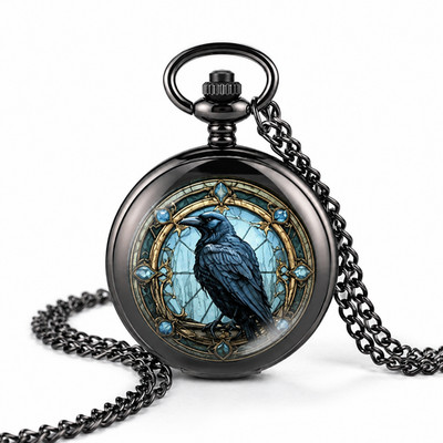 Schwarze Taschenuhr mit Rabenmotiv