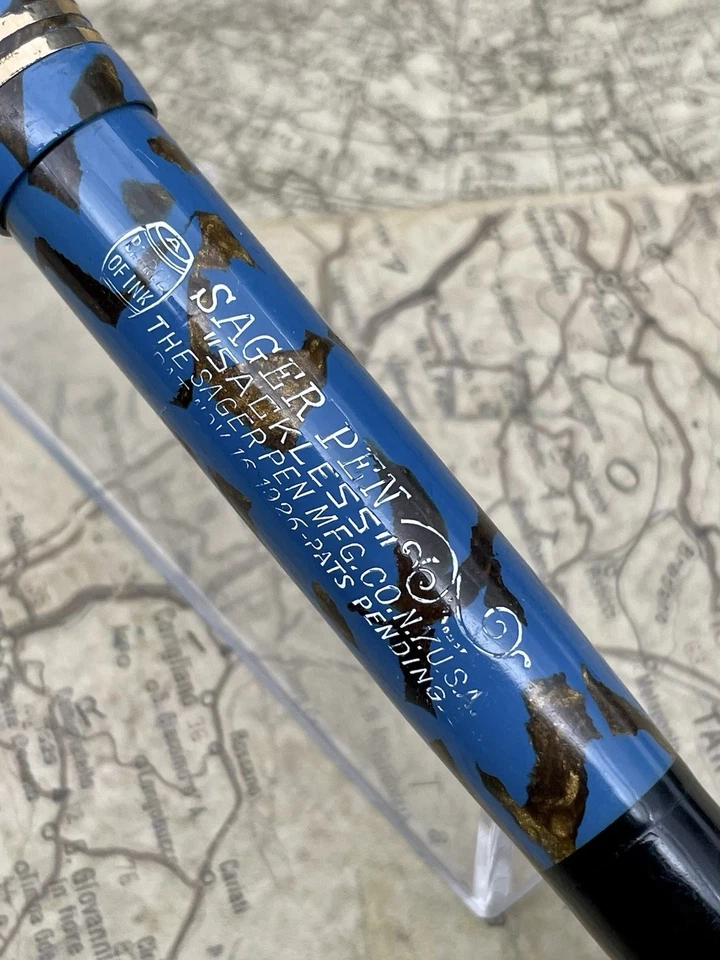 VINTAGE SAGER FOUNTAIN PEN ROBINS EGG BLUE BRONZE BARREL OF INK SACKLESS 14K F - Image 3 of 4