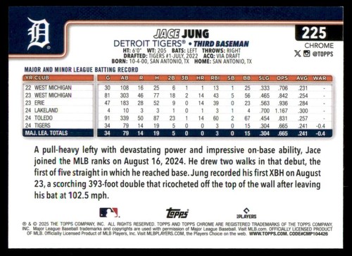 2025 Topps Chrome #225 Jace Jung Rookie Sepia Refractor - Picture 2 of 2