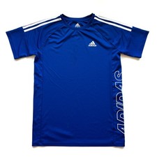 Boys L 14/16 Adidas Athletic Shirt Blue Short Sleeve White Logo Shoulder Stripes