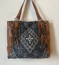 The Sak Montara Leather Blue Diamond Tapestry Fringe Tote Bag Shoulder Handbag
