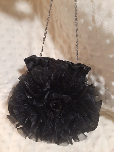 Women Flower Satin Evening Clutch Wedding Prom Bridal Bag Purse Wallet BLACK - Picture 7 of 11