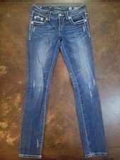 Miss Me Blue Jeans Womens Size 26x31 Skinny Rhinestone Faded Whisker Distressed