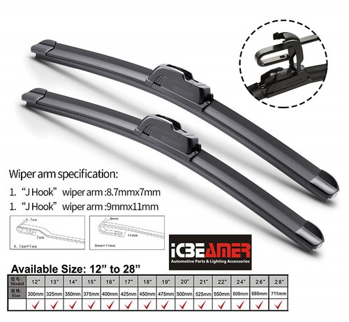 26"+19" Combo ALL SEASON U or J Hook BRACKETLESS WINDSHIELD WIPER BLADES U372 - Picture 2 of 7