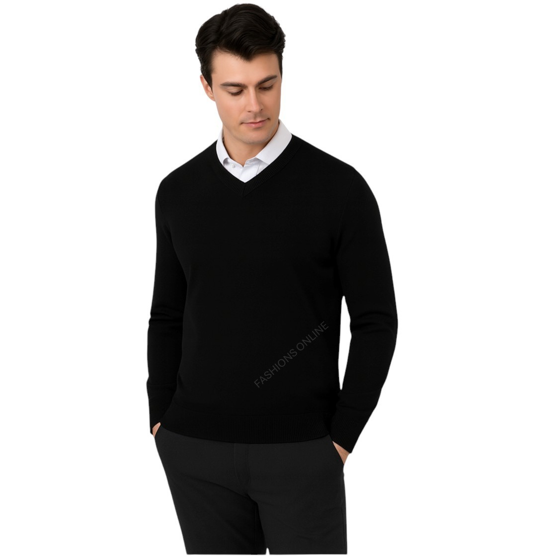 Mens Jumper Plain Sweater Pullover Casual Round V-Neck Long Warm UK NEW