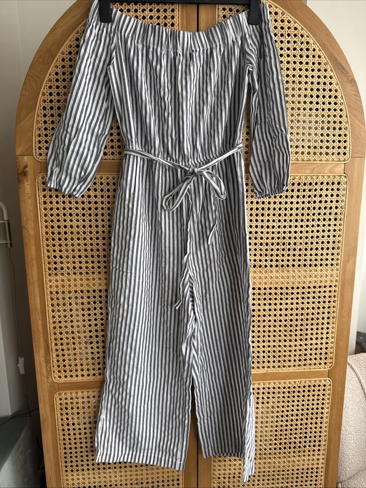 Mono Mango Hombro Frío Mezcla Lino Bolsillos Rayas Talla 10 M Manga 3/4  Foto 2 de 4