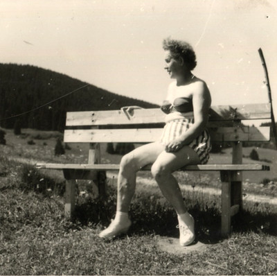 Vintage Photo Mature Woman in Bikini Sunbathing Bench Lady in Striped Swimsuit