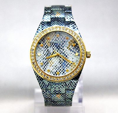 NEW GUESS U0583L1 Blue Python Printed Golden Crystal Bezel Dial Women Watch 