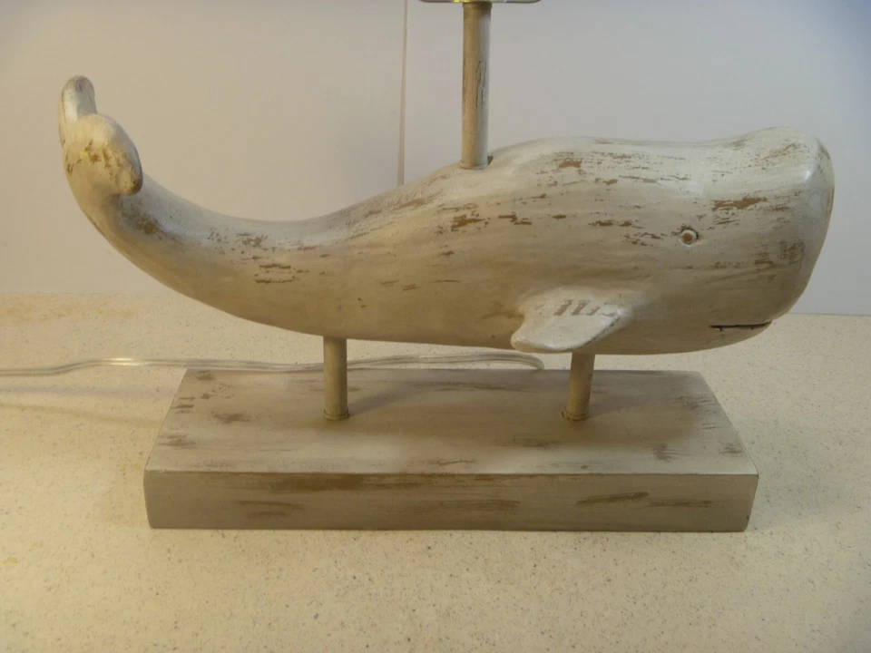 Whale Table Lamp Beige Distressed Finish Sea Coastal Nautical Fisherman 16"x21" - Image 2 of 4