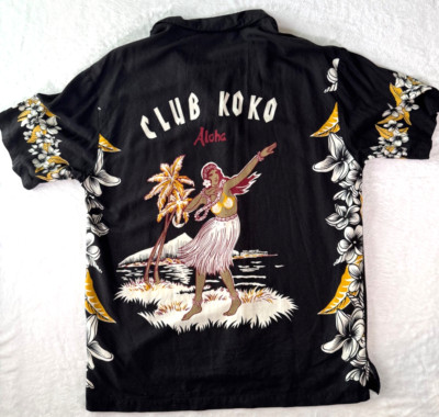 Vintage Koko Island Hawaiian Shirt Men Large Blk Loop Collar Button Up USA