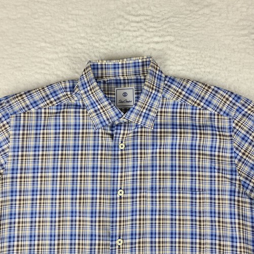 David Donahue Dress Shirt Mens Large Blue Brown Plaid Cotton Button Up - Picture 3 of 10