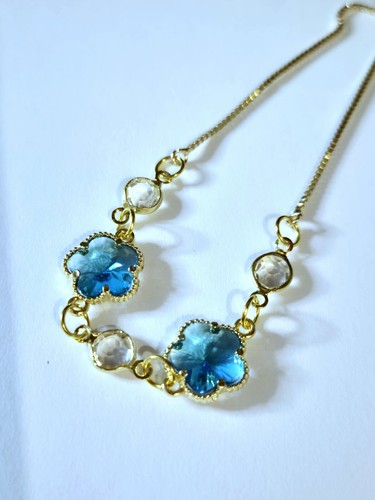 Gold Plated Sky Blue Crystal Dainty Flower Shape Toggle Bracelet (#175) - Picture 2 of 3