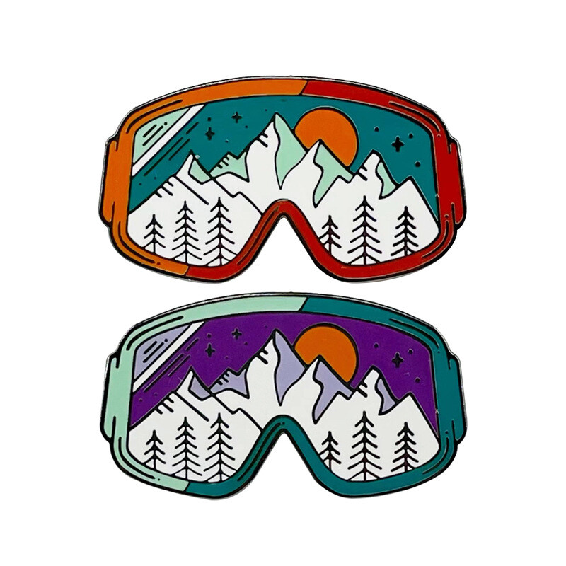 Ski goggle pins snow mountain sunset outdoor sport Metal Enamel Badge Brooch