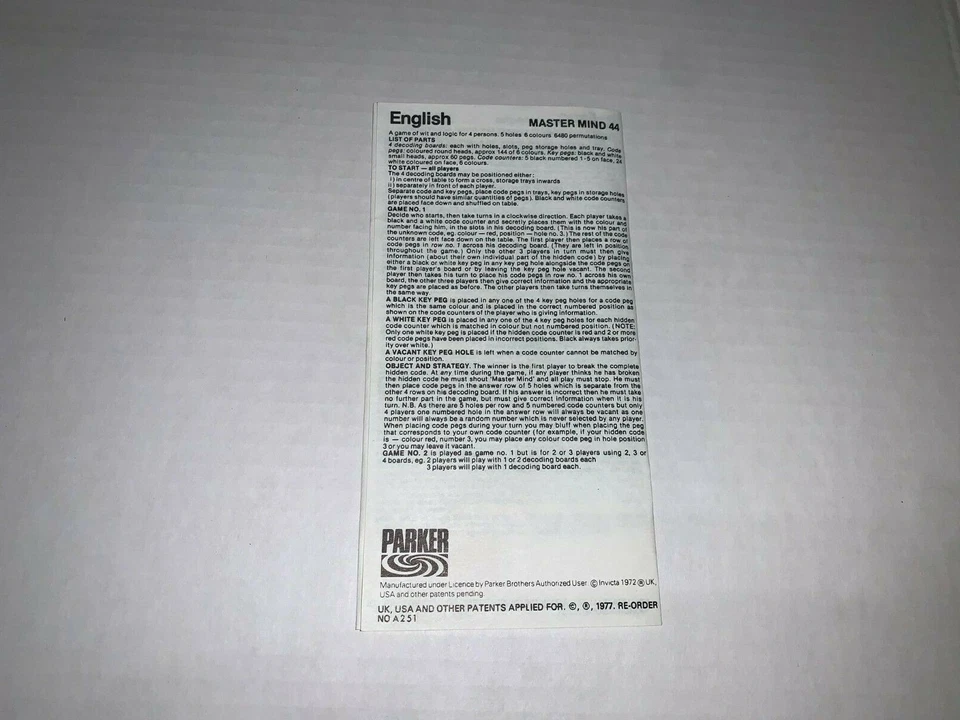 Vintage 1977 Master Mind 44 Board Game Invicta Games 100% COMPLETE EXCELLENT - Image 3 of 4