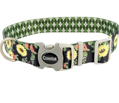 Coastal Sublime Adjustable Dog Collar Sunflower W/Green Argyle Large 18 -26  NWT