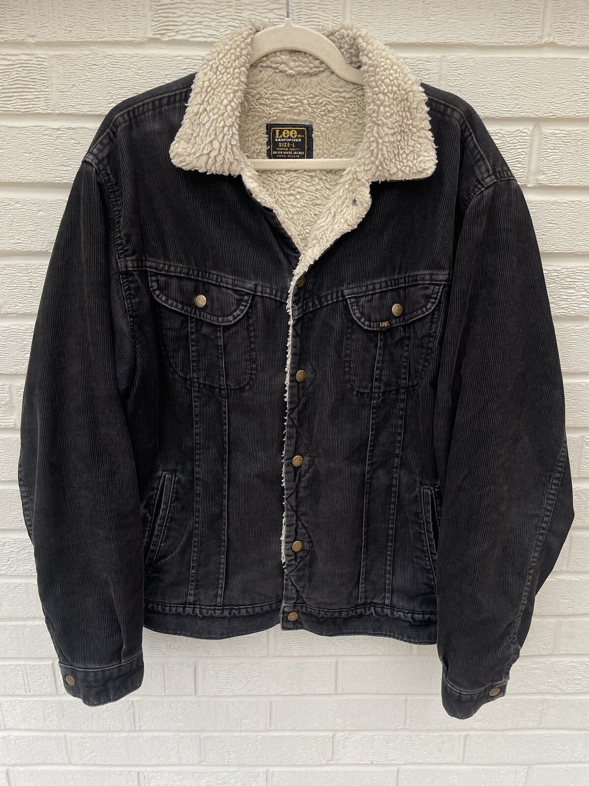 Vintage 70s Lee Sanforized Black Sherpa Corduroy Trucker Jacket Mens Large Union Made