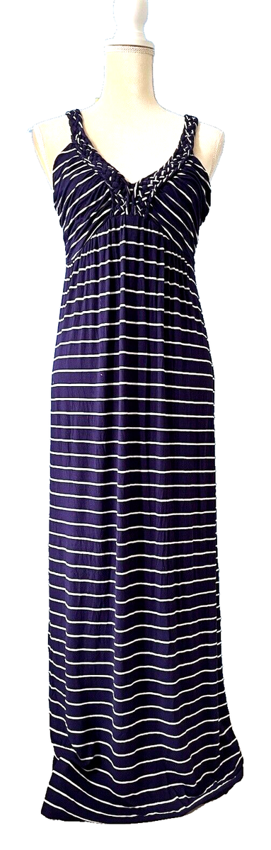 design history striped maxi dress DESIGN HISTORY Women's Blue White Striped Maxi Dress Braided Straps Stretch  L