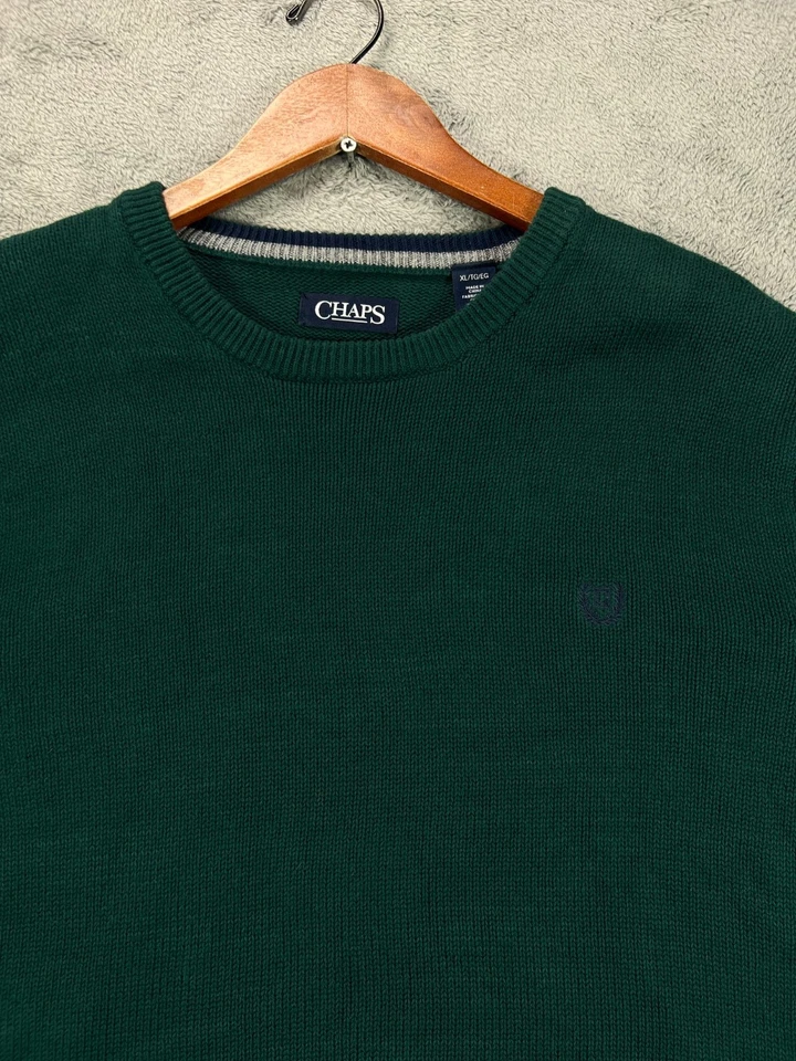Suéter Pullover CHAPS Para Hombres XL Tejido Verde Cuello Redondo Preppy Azul Marino Cresta Logo Algodón Foto 3 de 4