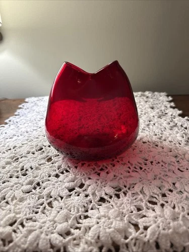 Vintage Blenko Ruby Red Ivy Vase Pinch Glass Hand Blown MCM 4.25"