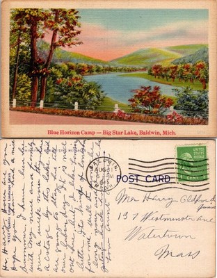 Blue Horizon Camp Big Star Lake Baldwin Mich Postcard Postmarked Aug 3 1941