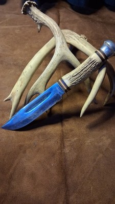 VINTAGE SOLINGEN CUTLERY B. SVOBODA HUNTING KNIFE WITH STAG HANDLE 6  BLADE