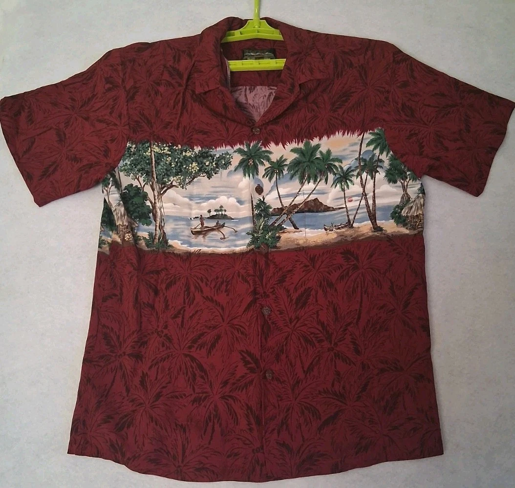 Mens Hawaii Reserve Hawaiian short sleeve shirt L red rayon beach scene floral