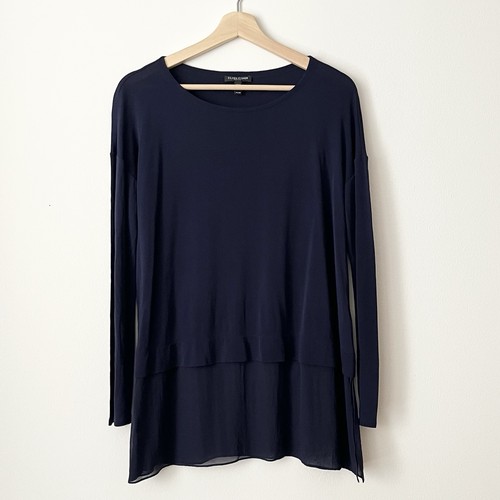 Eileen Fisher Damen 100% Seide Lagenlook Tunika Top Gr. S Petite Navy Minimalistisch - Bild 1 von 4