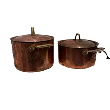 Vintage Paul Revere 1801 copper cookware Stock Pots W/lids Brass Handle (2)