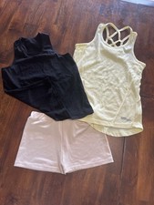 Lots Girls 3 Piece Outfit Set Black Yellow Tank Tops Pink Shorts Size M 10-12