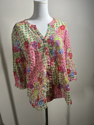 Talbots Women's Blouse Medium Floral Button Up 3/4 Sleeves Cotton