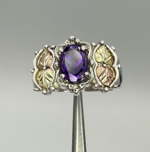 VNT Black Hills Gold 925 Sterling 12k Leaves Amethyst Ring Size 8 - Picture 2 of 15