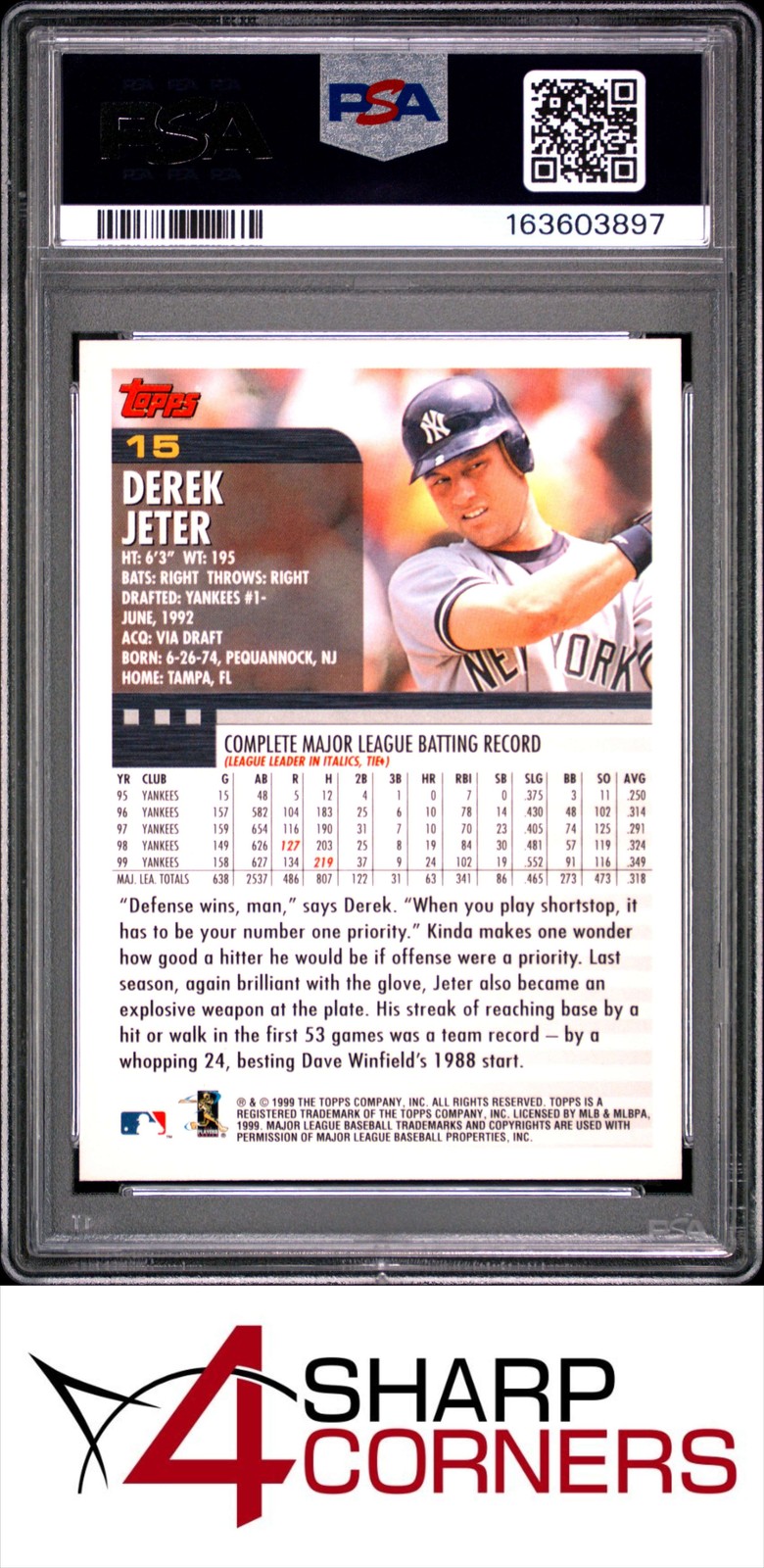 2000 TOPPS #15 DEREK JETER YANKEES HOF PSA 9 view 2
