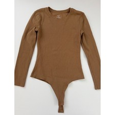 Nuuds Women Ribbed Long Sleeve Bodysuit Tan Brown Crew Neck Size M