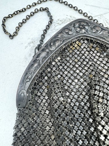 Antique 1920s German Silver Chain Mesh Purse Handbag Repousse Frame NEEDS REPAIR - Picture 5 of 24