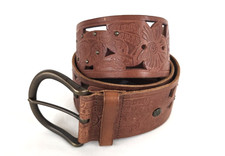 NOS Vintage FOSSIL Wide Brown Tooled Leather Belt Y2K Studded Floral M 32-36 NWT