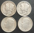 1942-44-Mercury Dimes 1952-64 Roosevelt Dimes(4 Silver Dimes Total)